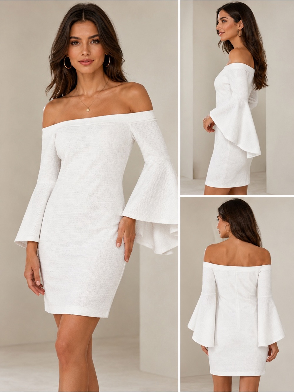 Bisou Bisou White Off-Shoulder Bell-Sleeve Mini Dress
